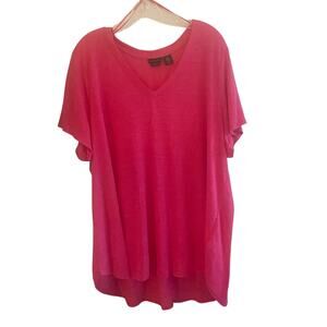 Tahari 100% Linen Top 2X V-Neck Tee-Shirt Pink Short Sleeve Beachy Coastal